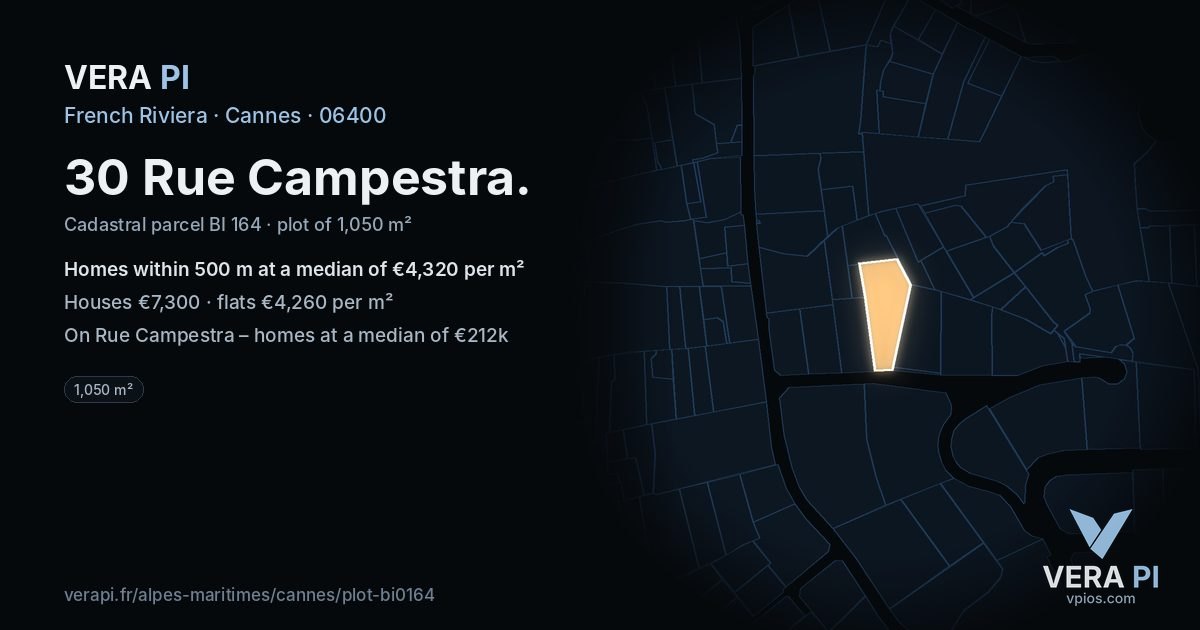 30 Rue Campestra, Cannes at night – the plot lit, the parcels around coloured by the prices near them