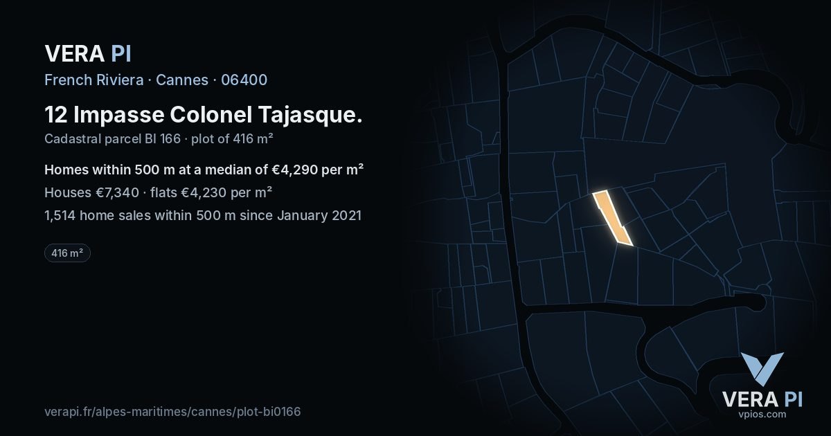 12 Impasse Colonel Tajasque, Cannes at night – the plot lit, the parcels around coloured by the prices near them