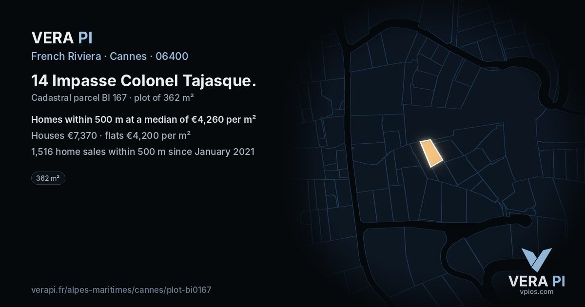 14 Impasse Colonel Tajasque, Cannes at night – the plot lit, the parcels around coloured by the prices near them