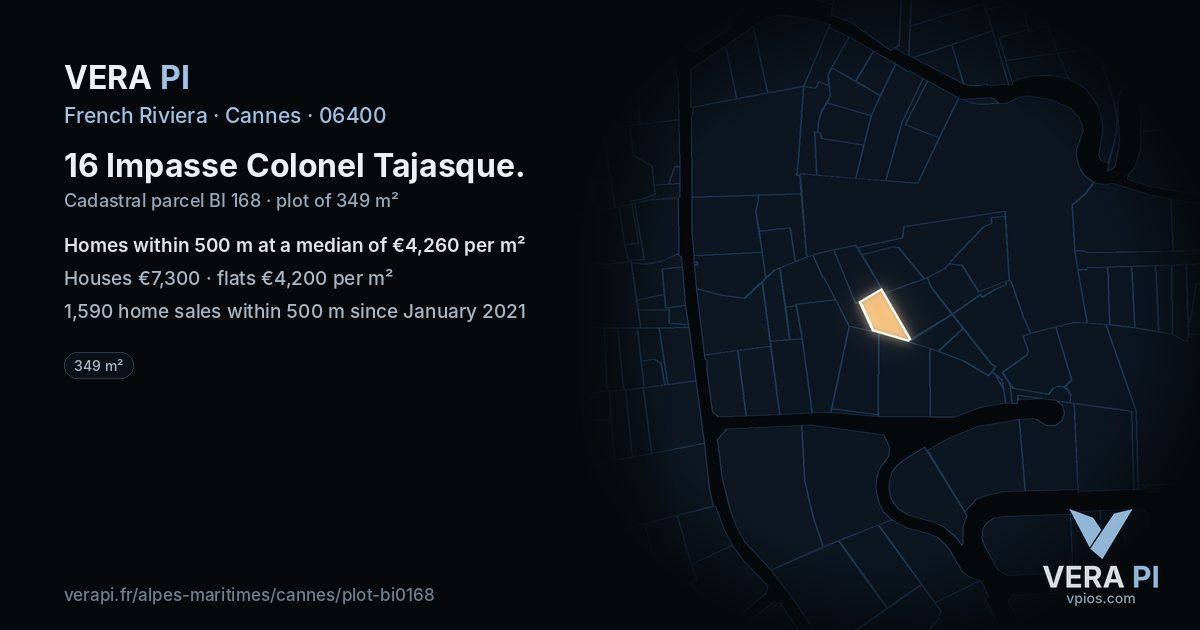 16 Impasse Colonel Tajasque, Cannes at night – the plot lit, the parcels around coloured by the prices near them
