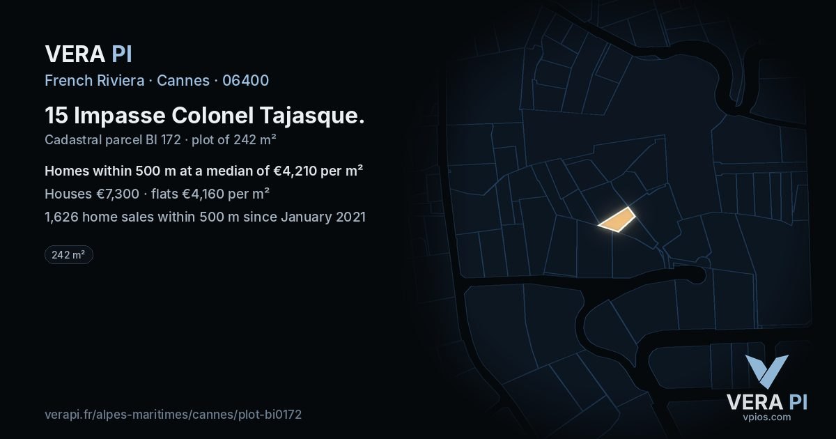 15 Impasse Colonel Tajasque, Cannes at night – the plot lit, the parcels around coloured by the prices near them