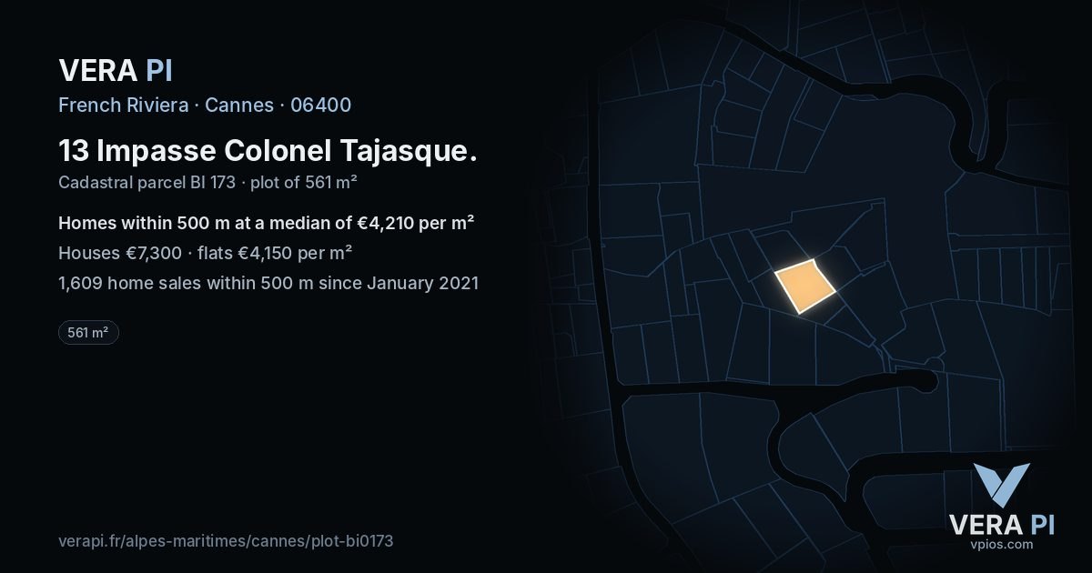 13 Impasse Colonel Tajasque, Cannes at night – the plot lit, the parcels around coloured by the prices near them