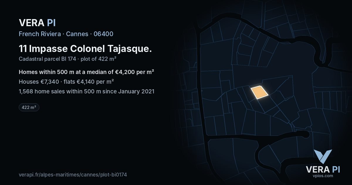 11 Impasse Colonel Tajasque, Cannes at night – the plot lit, the parcels around coloured by the prices near them