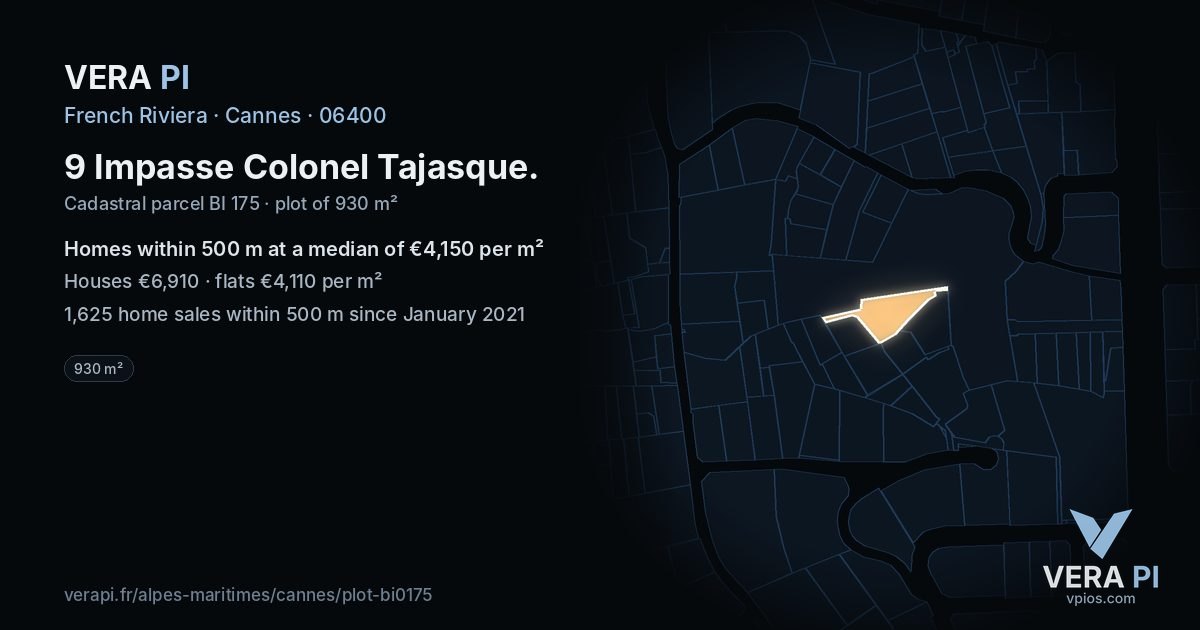 9 Impasse Colonel Tajasque, Cannes at night – the plot lit, the parcels around coloured by the prices near them
