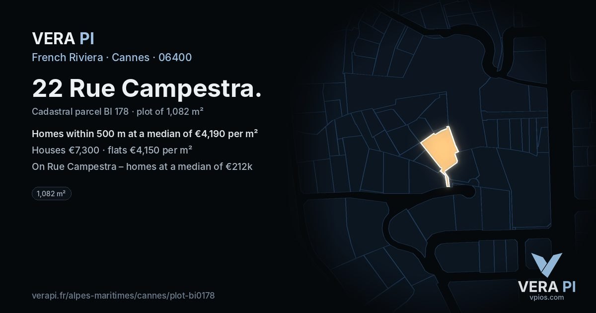22 Rue Campestra, Cannes at night – the plot lit, the parcels around coloured by the prices near them