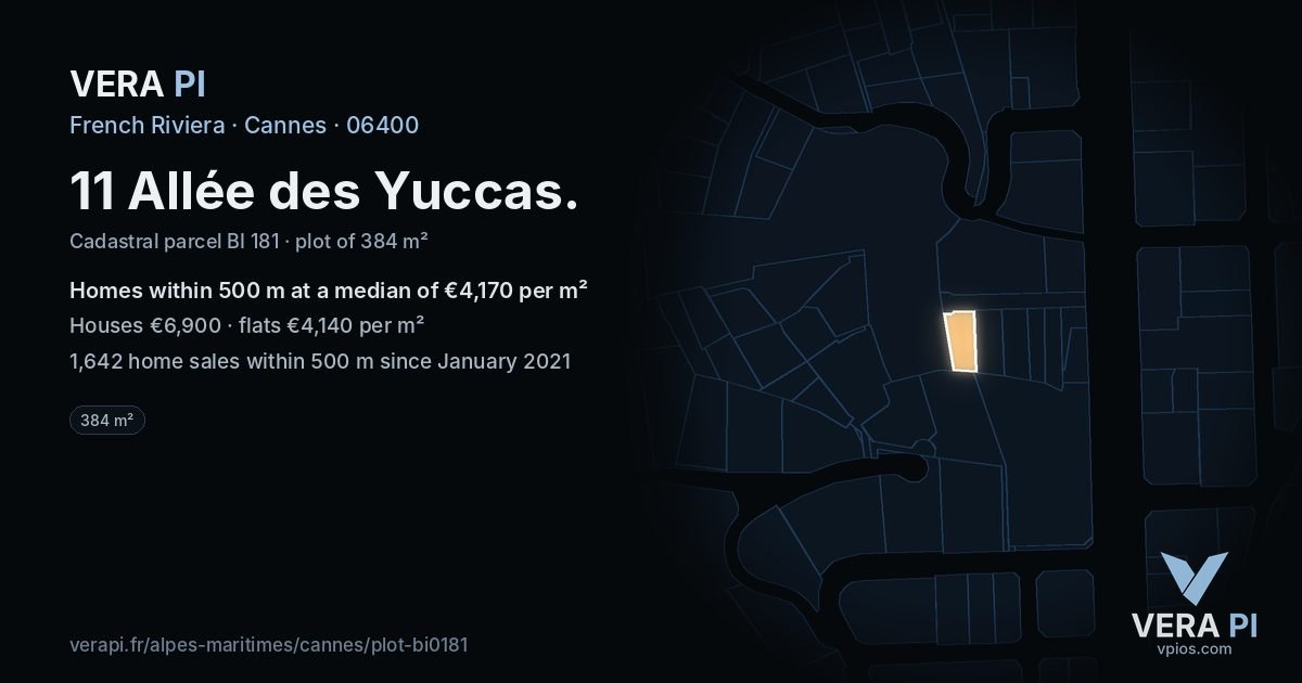 11 Allée des Yuccas, Cannes at night – the plot lit, the parcels around coloured by the prices near them