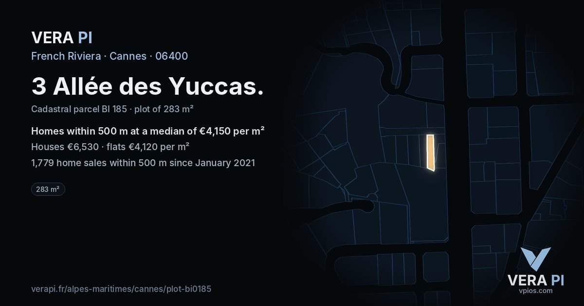 3 Allée des Yuccas, Cannes at night – the plot lit, the parcels around coloured by the prices near them