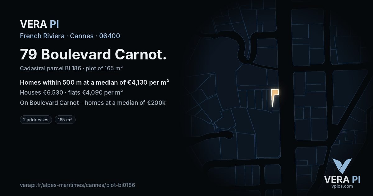 79 Boulevard Carnot, Cannes at night – the plot lit, the parcels around coloured by the prices near them
