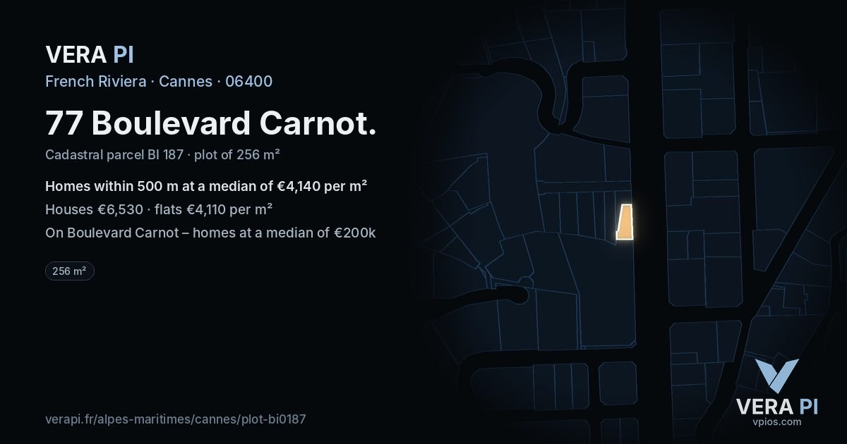77 Boulevard Carnot, Cannes at night – the plot lit, the parcels around coloured by the prices near them