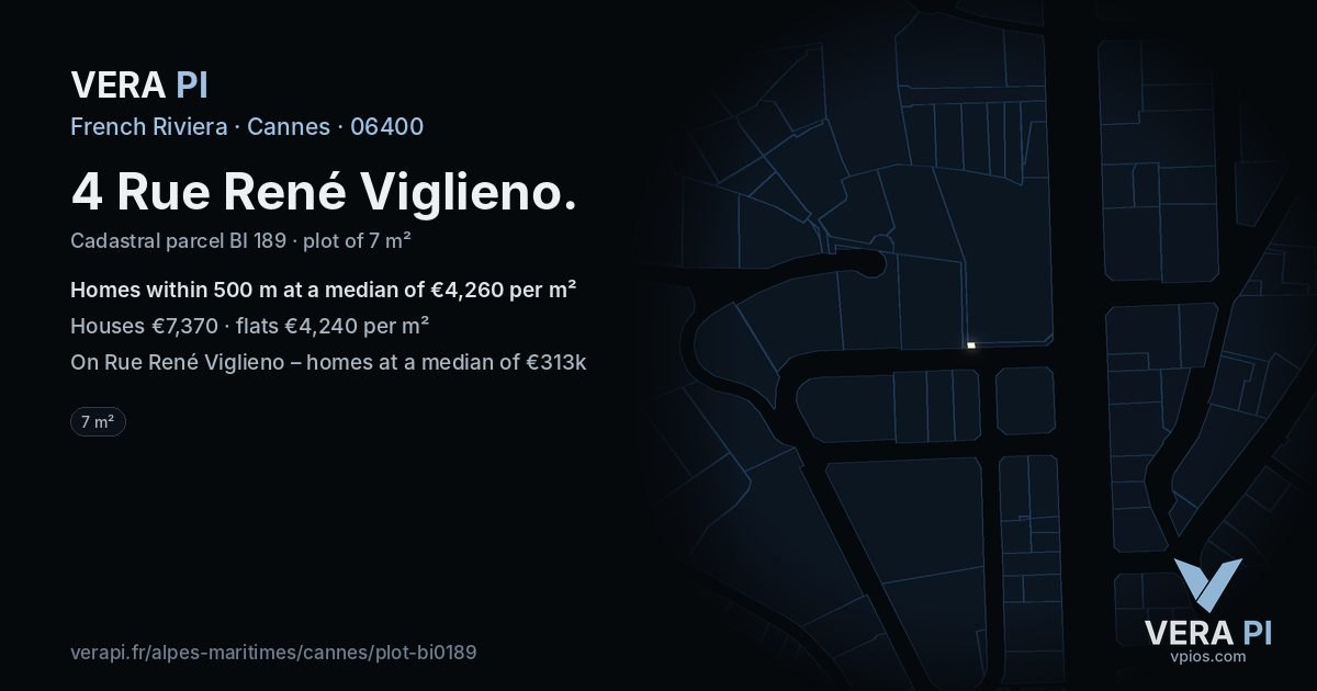 4 Rue René Viglieno, Cannes at night – the plot lit, the parcels around coloured by the prices near them