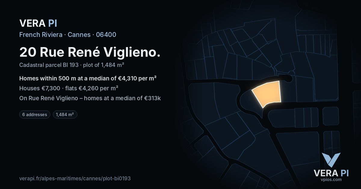 20 Rue René Viglieno, Cannes at night – the plot lit, the parcels around coloured by the prices near them