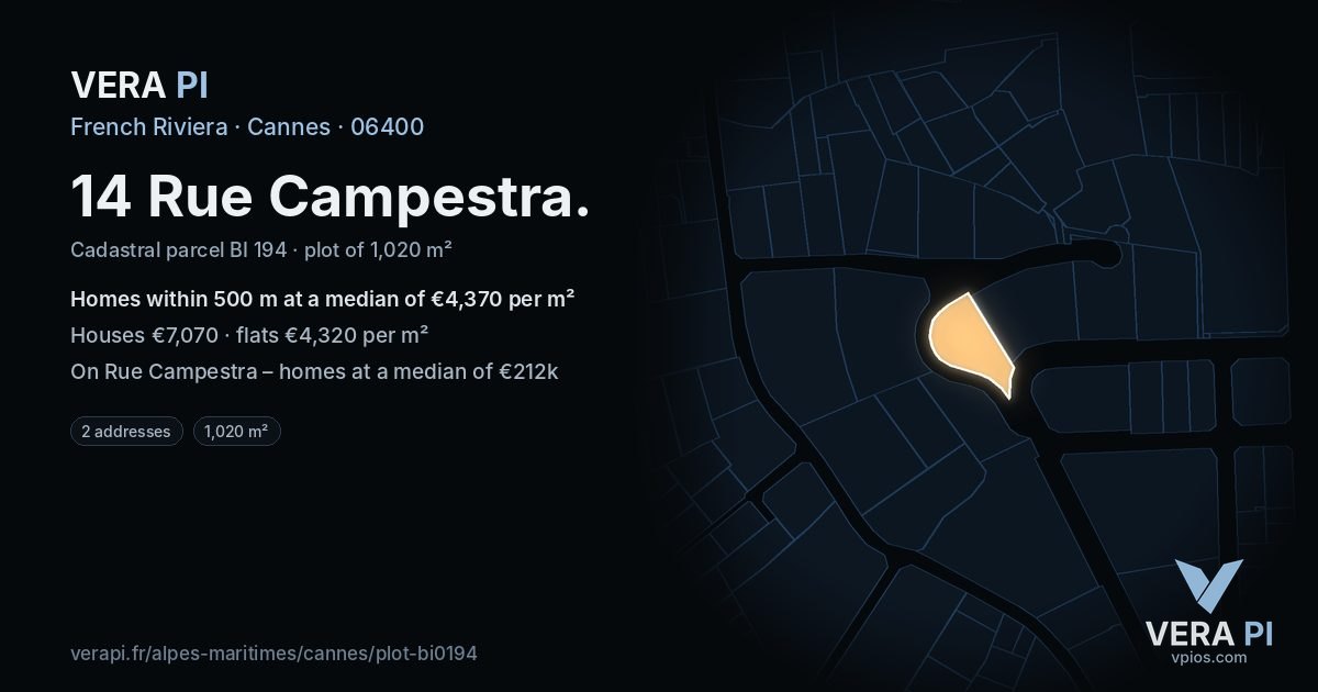 14 Rue Campestra, Cannes at night – the plot lit, the parcels around coloured by the prices near them