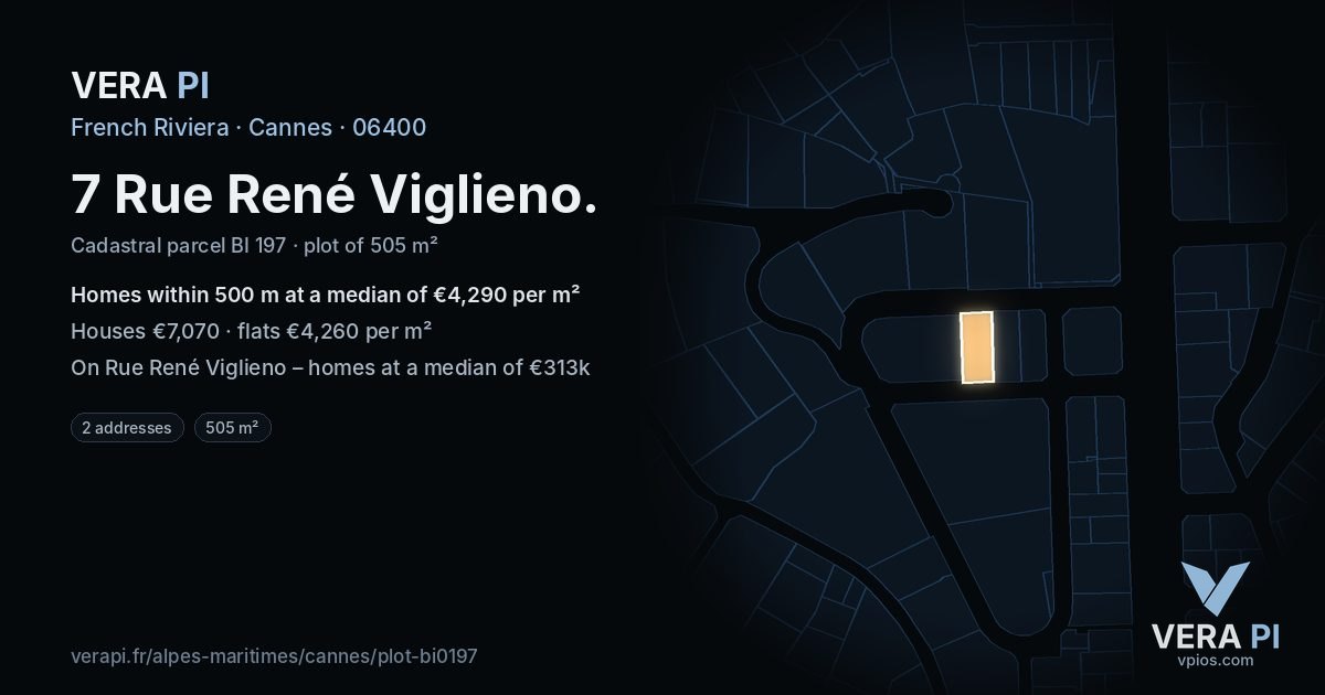 7 Rue René Viglieno, Cannes at night – the plot lit, the parcels around coloured by the prices near them