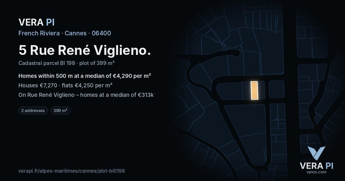 5 Rue René Viglieno, Cannes at night – the plot lit, the parcels around coloured by the prices near them