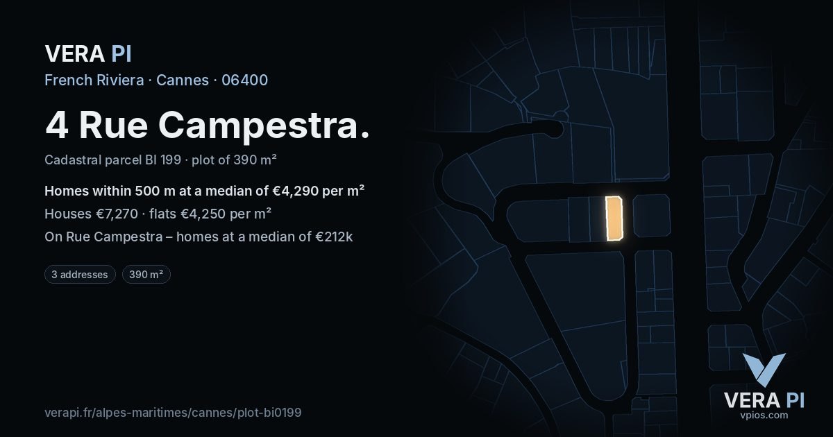 4 Rue Campestra, Cannes at night – the plot lit, the parcels around coloured by the prices near them