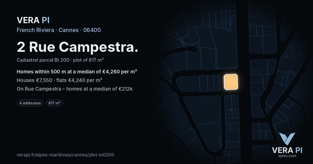 2 Rue Campestra, Cannes at night – the plot lit, the parcels around coloured by the prices near them