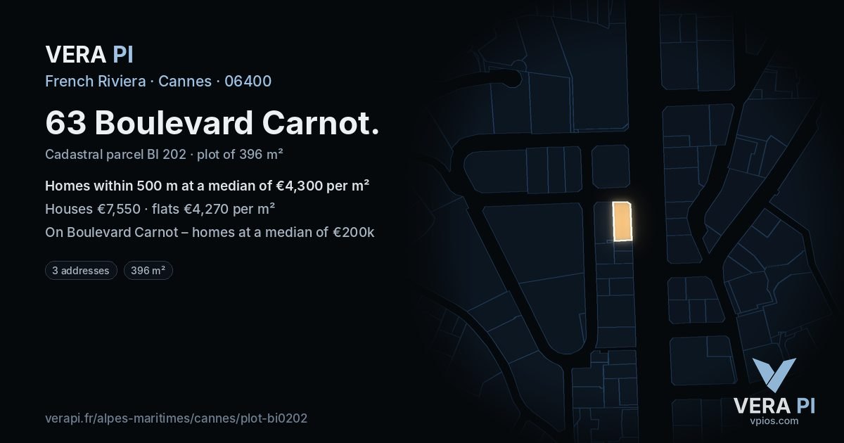 63 Boulevard Carnot, Cannes at night – the plot lit, the parcels around coloured by the prices near them