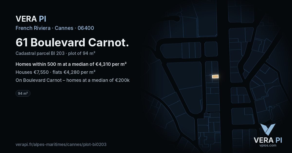 61 Boulevard Carnot, Cannes at night – the plot lit, the parcels around coloured by the prices near them