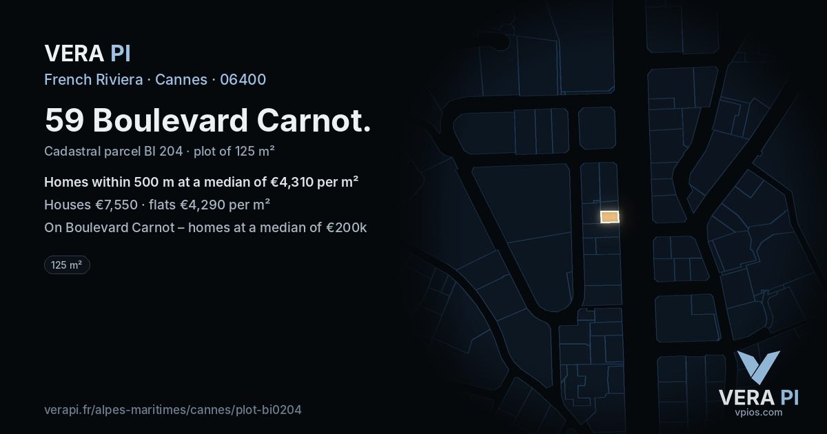 59 Boulevard Carnot, Cannes at night – the plot lit, the parcels around coloured by the prices near them