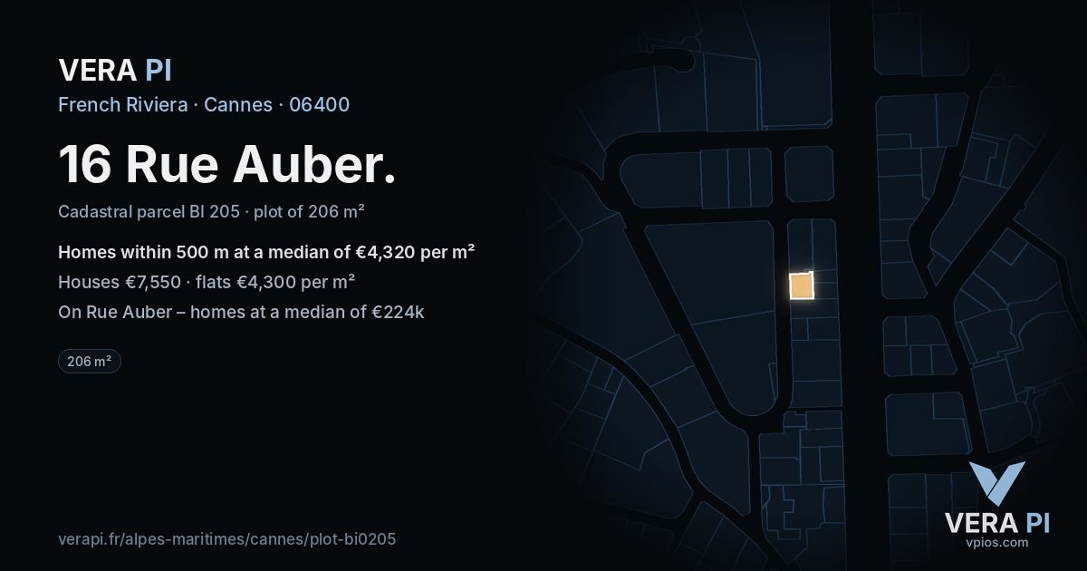 16 Rue Auber, Cannes at night – the plot lit, the parcels around coloured by the prices near them