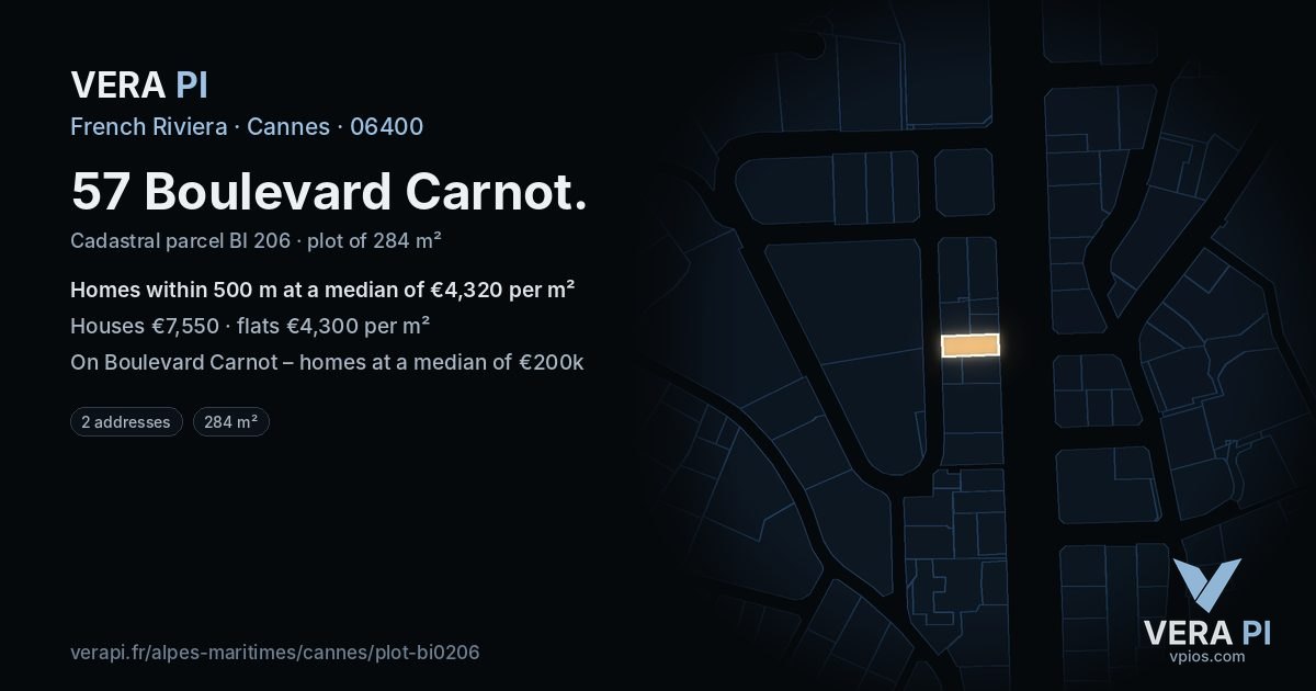 57 Boulevard Carnot, Cannes at night – the plot lit, the parcels around coloured by the prices near them