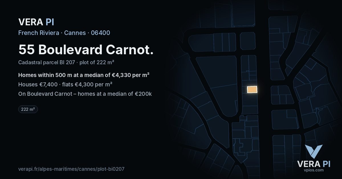 55 Boulevard Carnot, Cannes at night – the plot lit, the parcels around coloured by the prices near them