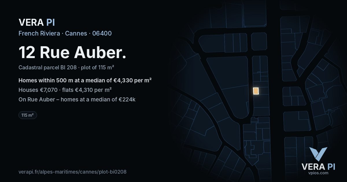12 Rue Auber, Cannes at night – the plot lit, the parcels around coloured by the prices near them