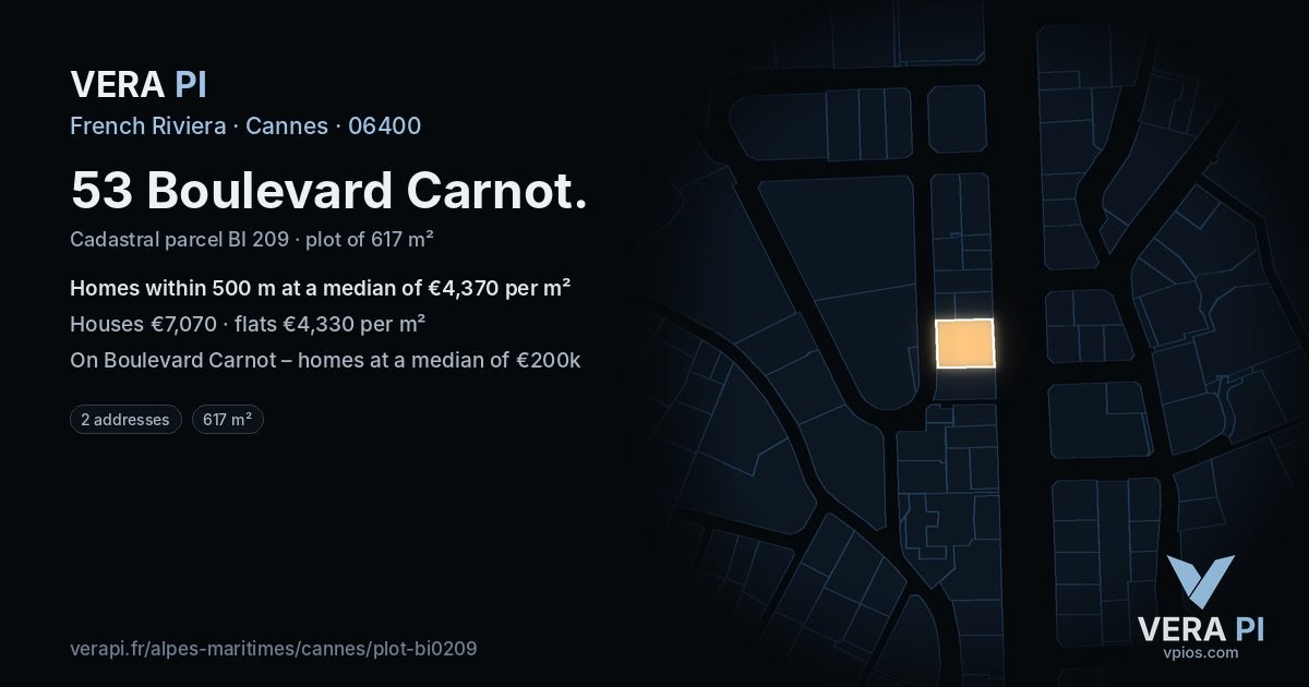 53 Boulevard Carnot, Cannes at night – the plot lit, the parcels around coloured by the prices near them