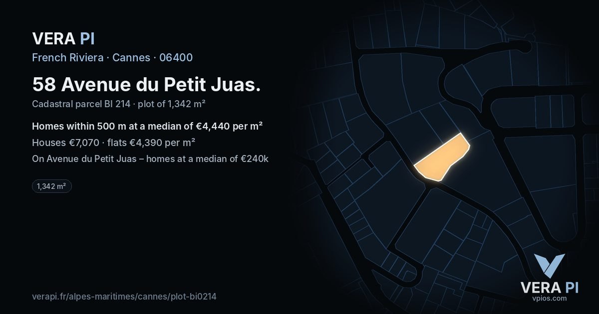 58 Avenue du Petit Juas, Cannes at night – the plot lit, the parcels around coloured by the prices near them