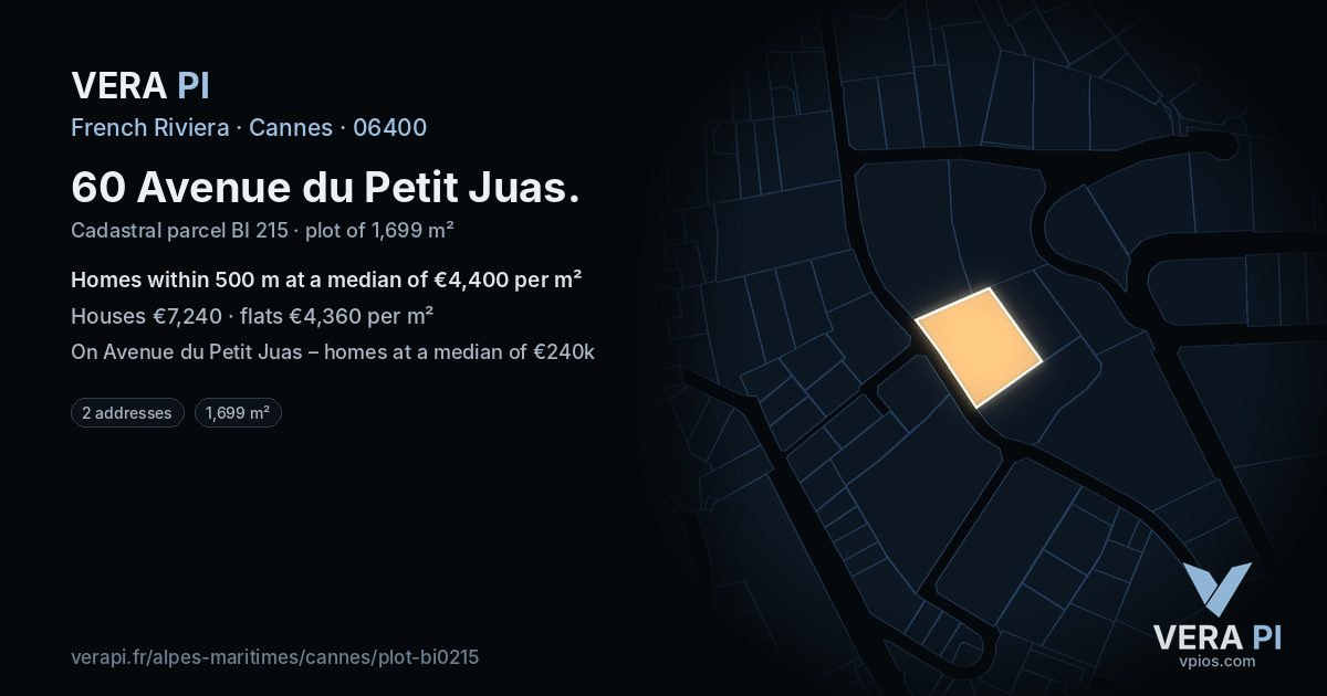 60 Avenue du Petit Juas, Cannes at night – the plot lit, the parcels around coloured by the prices near them