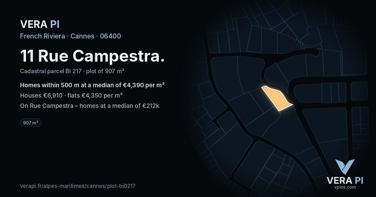 11 Rue Campestra, Cannes at night – the plot lit, the parcels around coloured by the prices near them