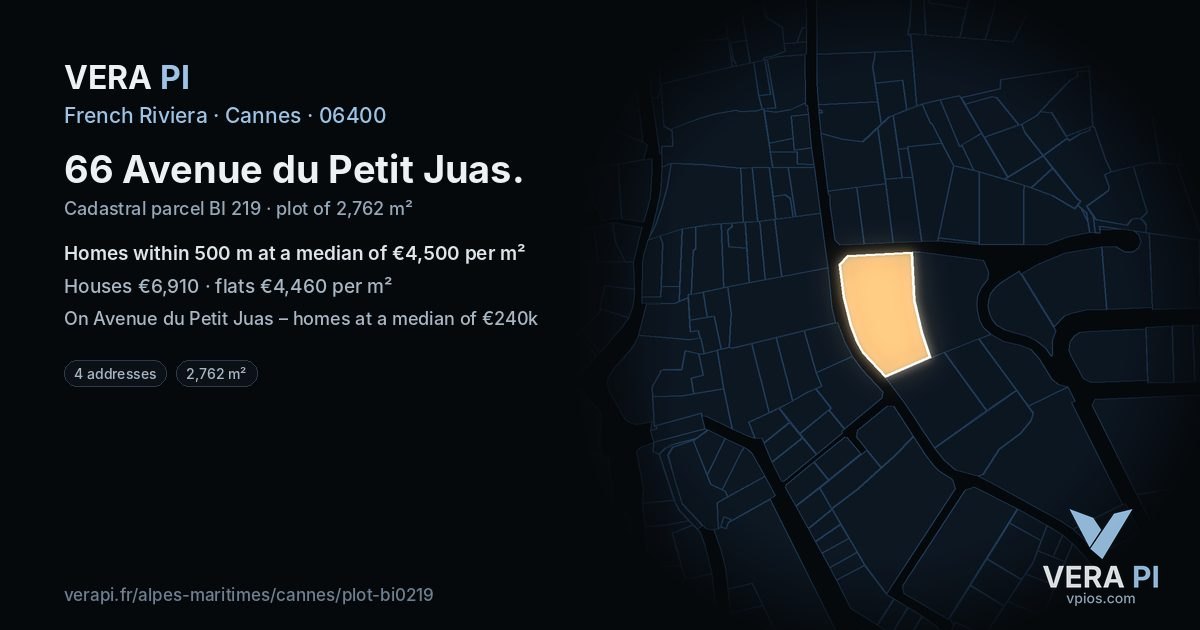 66 Avenue du Petit Juas, Cannes at night – the plot lit, the parcels around coloured by the prices near them