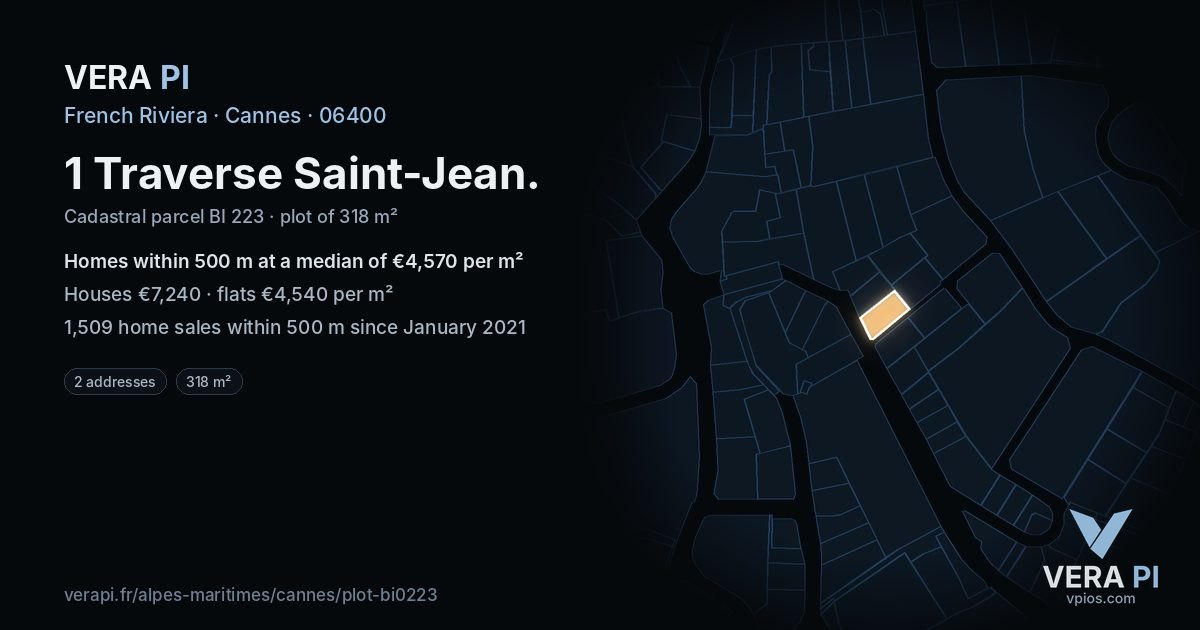 1 Traverse Saint-Jean, Cannes at night – the plot lit, the parcels around coloured by the prices near them