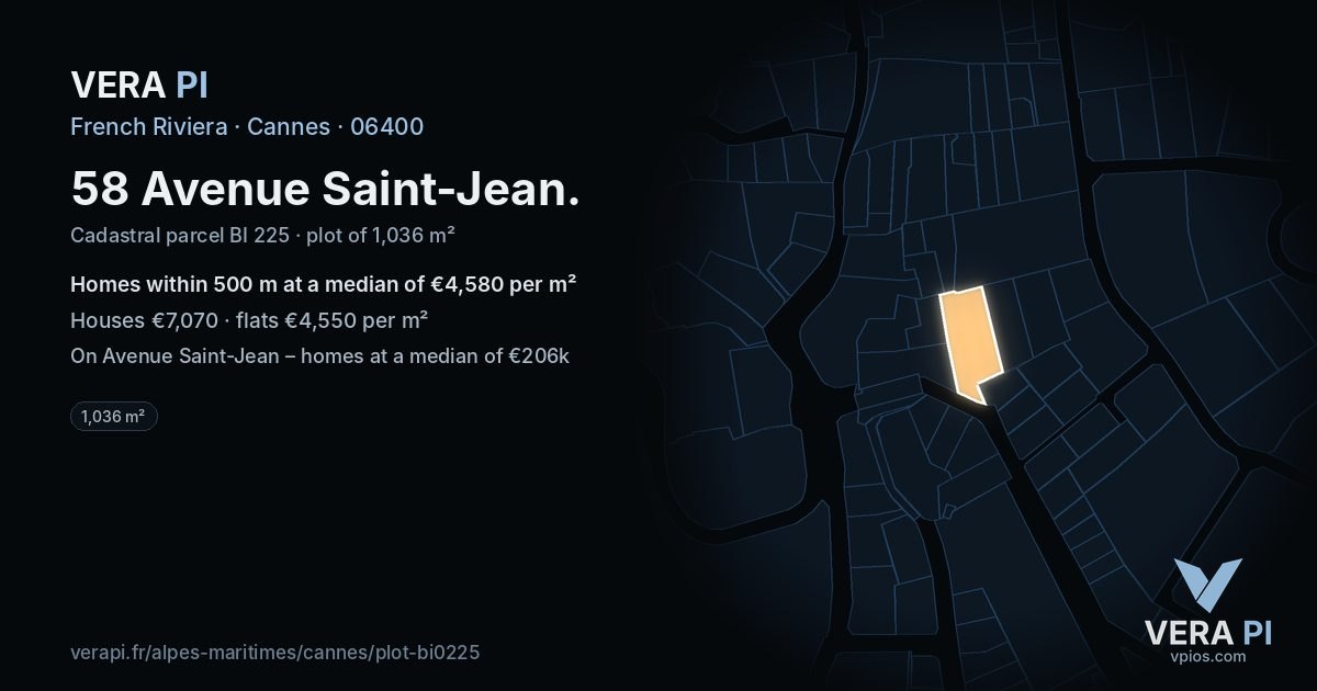 58 Avenue Saint-Jean, Cannes at night – the plot lit, the parcels around coloured by the prices near them