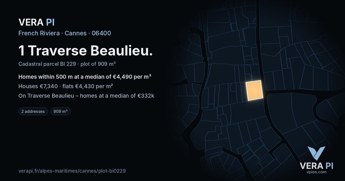 1 Traverse Beaulieu, Cannes at night – the plot lit, the parcels around coloured by the prices near them