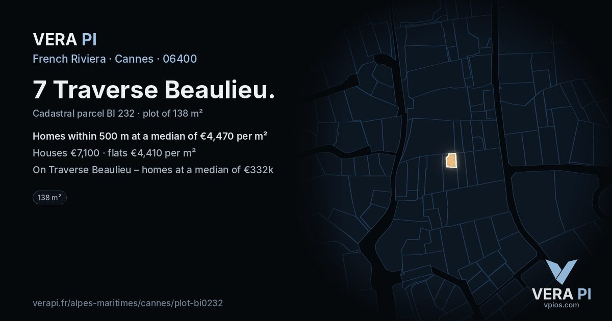7 Traverse Beaulieu, Cannes at night – the plot lit, the parcels around coloured by the prices near them