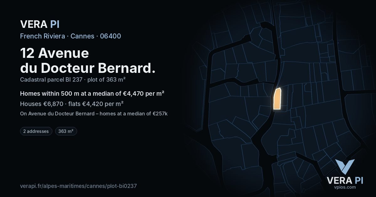 12 Avenue du Docteur Bernard, Cannes at night – the plot lit, the parcels around coloured by the prices near them
