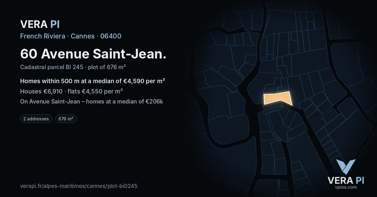 60 Avenue Saint-Jean, Cannes at night – the plot lit, the parcels around coloured by the prices near them