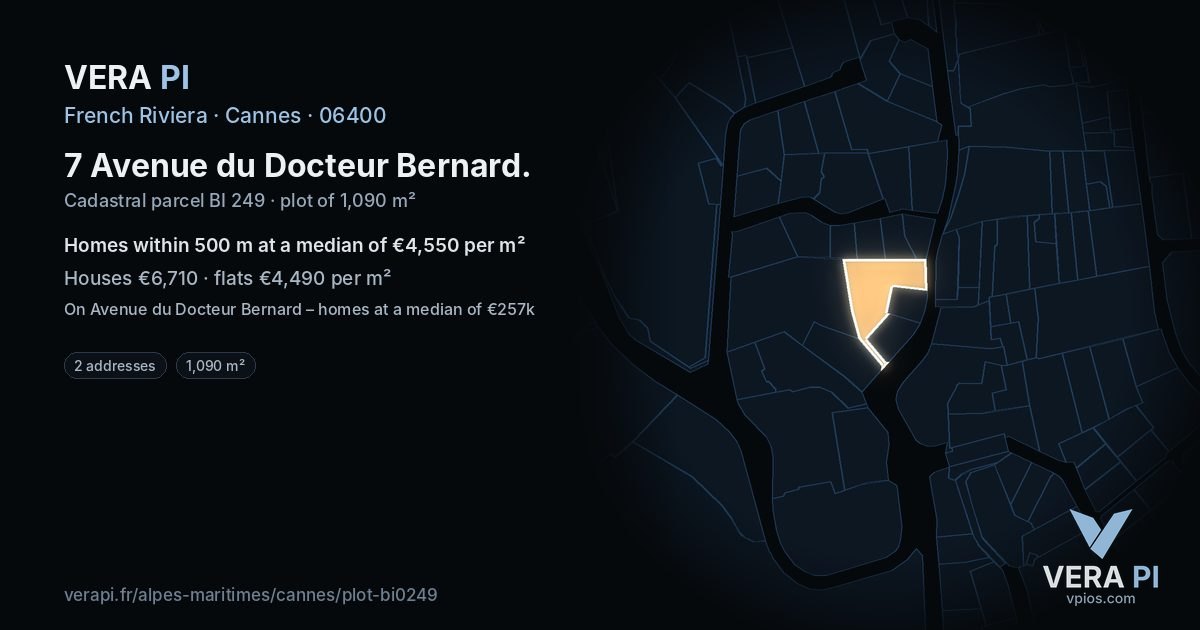 7 Avenue du Docteur Bernard, Cannes at night – the plot lit, the parcels around coloured by the prices near them