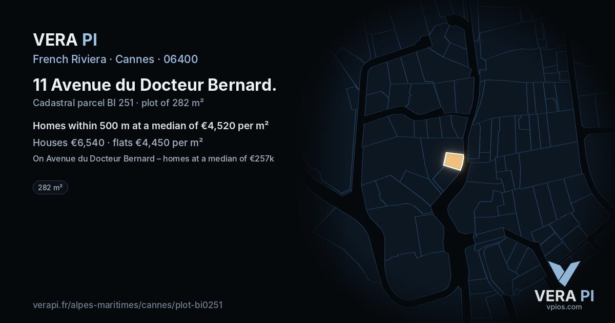 11 Avenue du Docteur Bernard, Cannes at night – the plot lit, the parcels around coloured by the prices near them