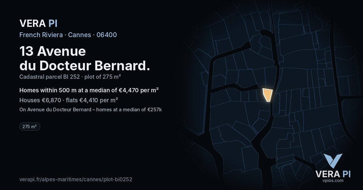 13 Avenue du Docteur Bernard, Cannes at night – the plot lit, the parcels around coloured by the prices near them