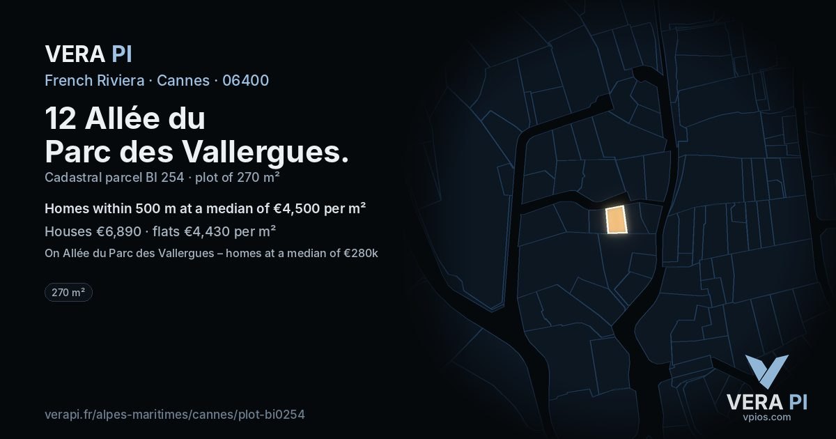 12 Allée du Parc des Vallergues, Cannes at night – the plot lit, the parcels around coloured by the prices near them