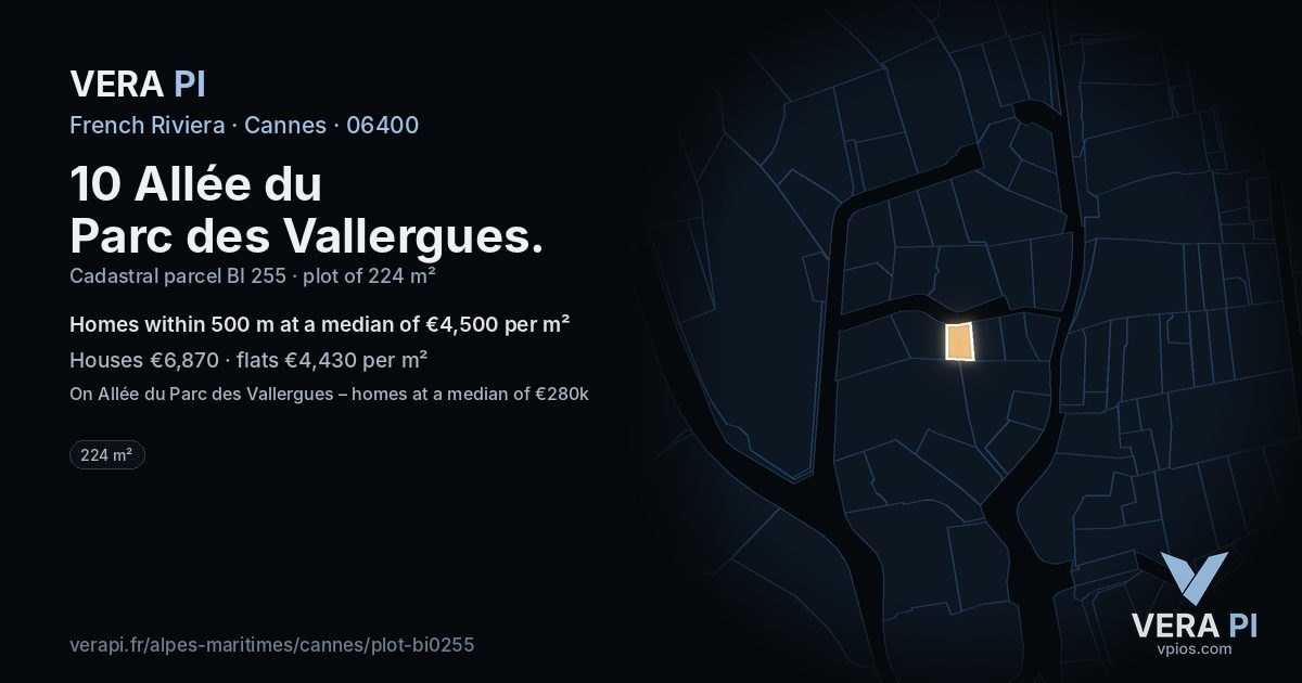 10 Allée du Parc des Vallergues, Cannes at night – the plot lit, the parcels around coloured by the prices near them