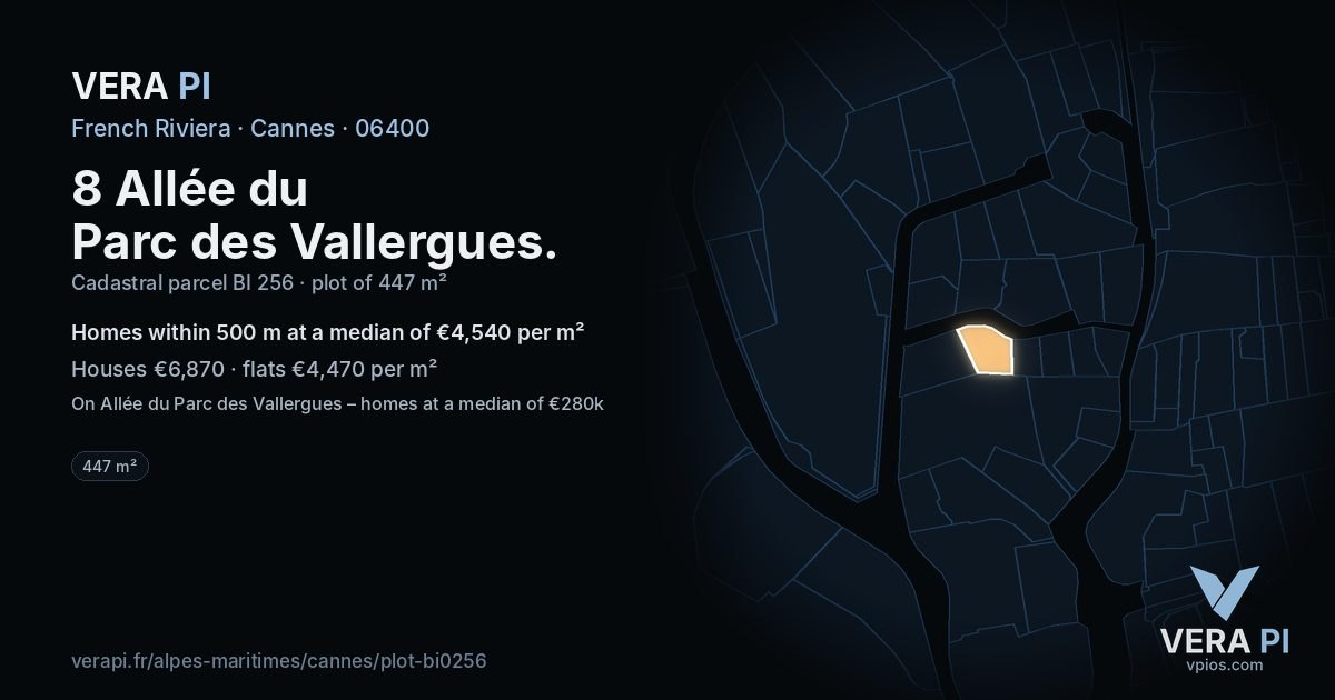 8 Allée du Parc des Vallergues, Cannes at night – the plot lit, the parcels around coloured by the prices near them
