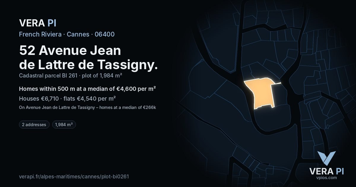 52 Avenue Jean de Lattre de Tassigny, Cannes at night – the plot lit, the parcels around coloured by the prices near them