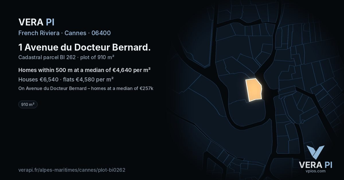 1 Avenue du Docteur Bernard, Cannes at night – the plot lit, the parcels around coloured by the prices near them
