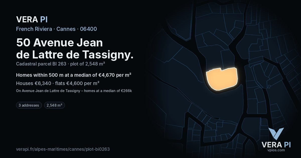 50 Avenue Jean de Lattre de Tassigny, Cannes at night – the plot lit, the parcels around coloured by the prices near them