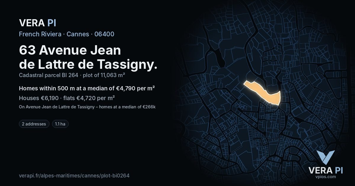 63 Avenue Jean de Lattre de Tassigny, Cannes at night – the plot lit, the parcels around coloured by the prices near them