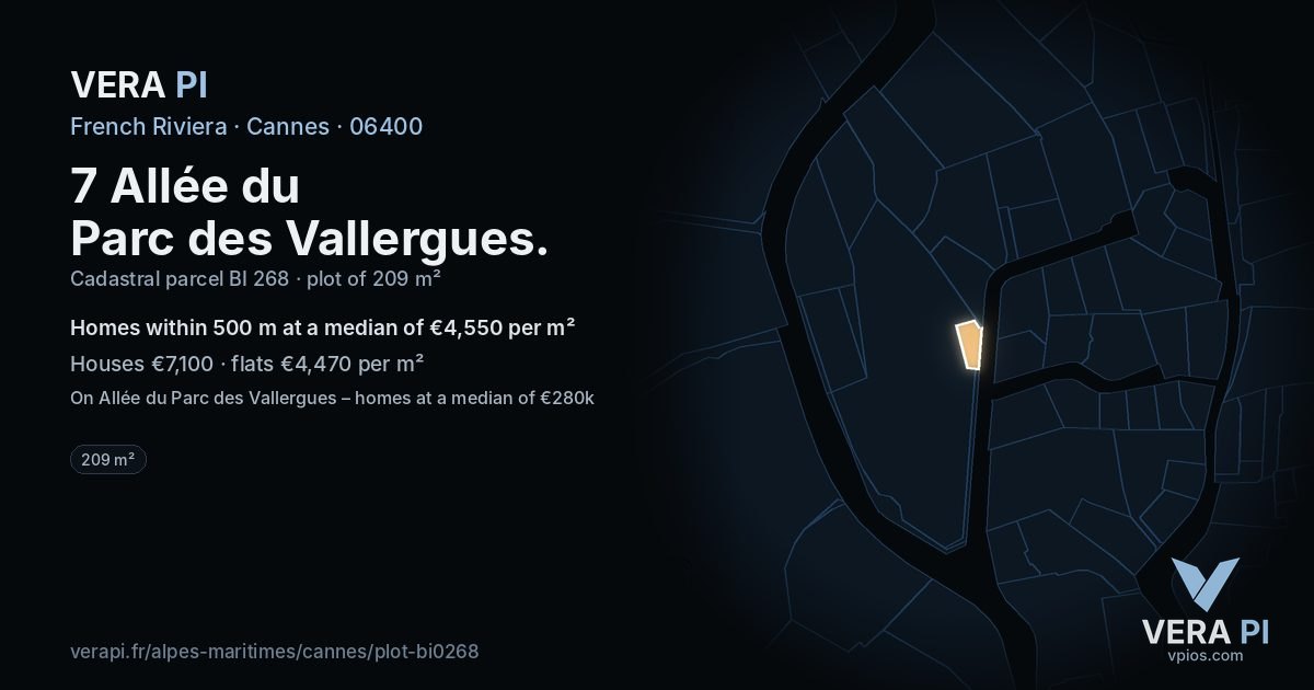 7 Allée du Parc des Vallergues, Cannes at night – the plot lit, the parcels around coloured by the prices near them