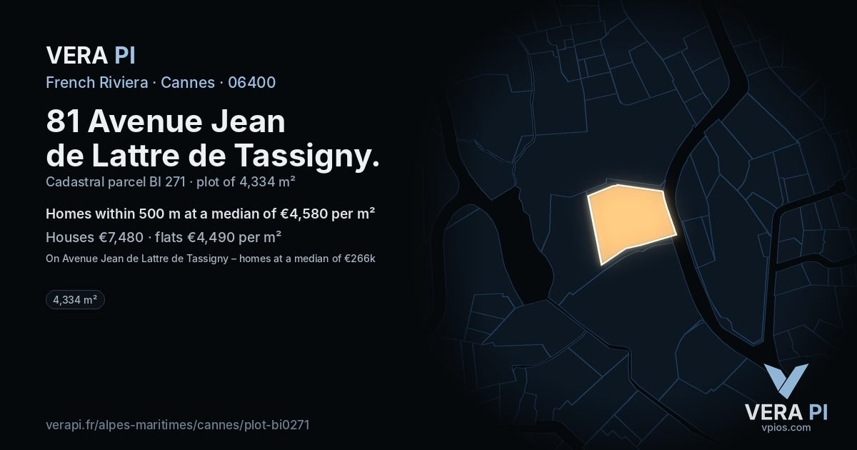 81 Avenue Jean de Lattre de Tassigny, Cannes at night – the plot lit, the parcels around coloured by the prices near them